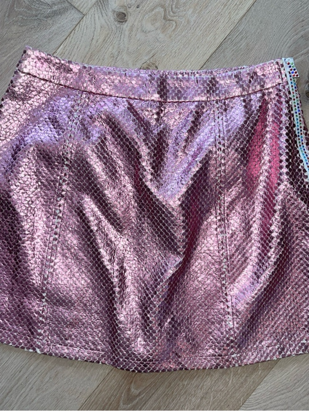 QUEEN OF SPARKLES distressed pink Metallic fish scale Mini Skirt